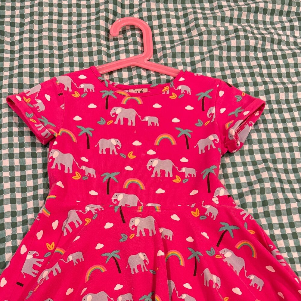 Frugi Girl's Deep Pink Rainbow Dress. 100% Organic Cotton, 4-5 years old
